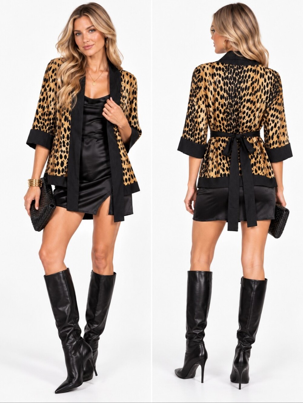 DKNY Vintage 90s Leopard Print Jacket Women's Black Trim Waist Tie Size Small